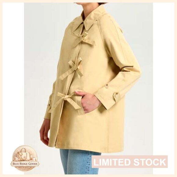 Long Sleeve Trench Coat Classic Elegant Loose Fit Bow Toggle Lapel Overcoat - Picture 6 of 7